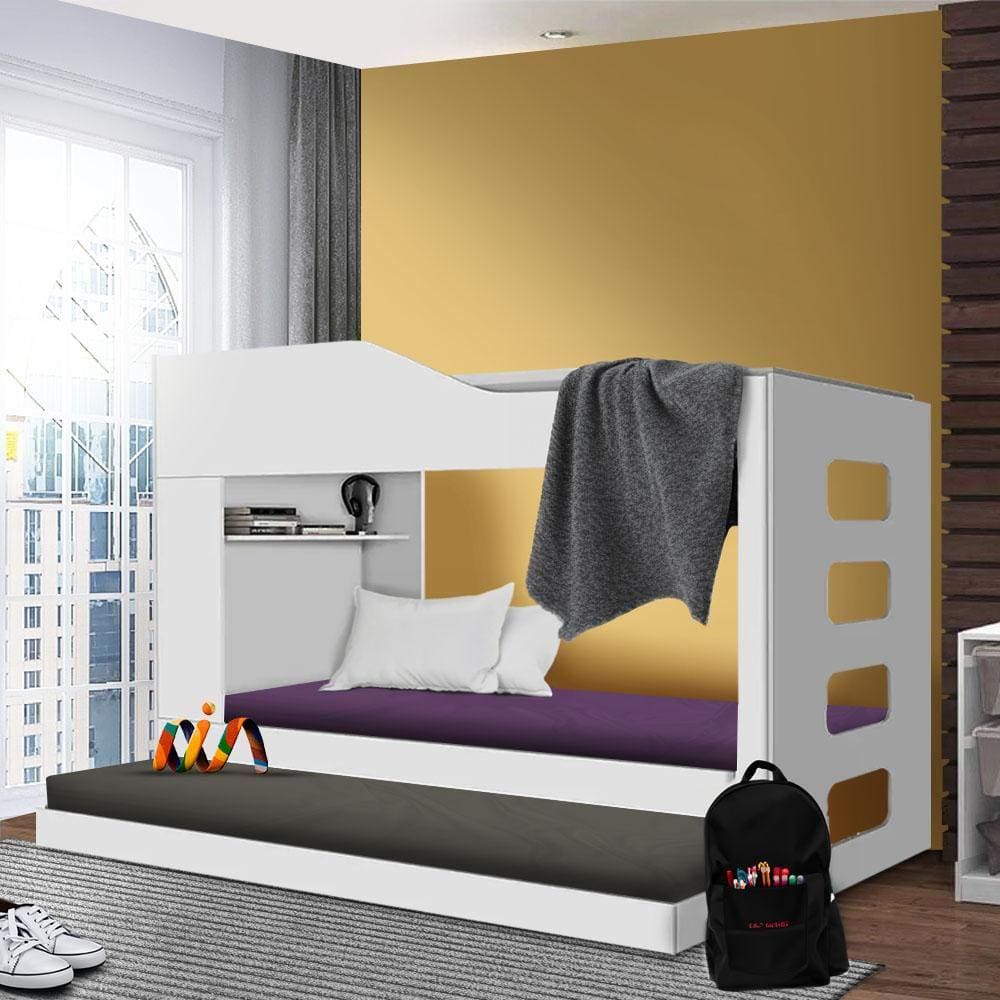 Beliche 100% MDF Solteiro Com Cama Auxiliar Branco Halia Shop JM - Branco