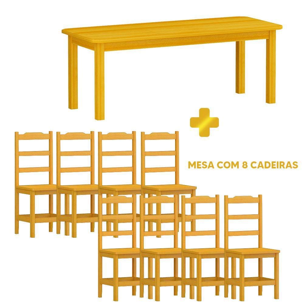 Mesa Retangular Com 8 Cadeiras Madeira Maciça 200 x 88 Cerejeira Plácida Shop JM - Marrom