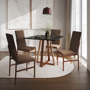 Conjunto de Jantar Mesa Mônaco Premium 90cm Preta com 4 Cadeiras Estofadas Marrom Base Cobre