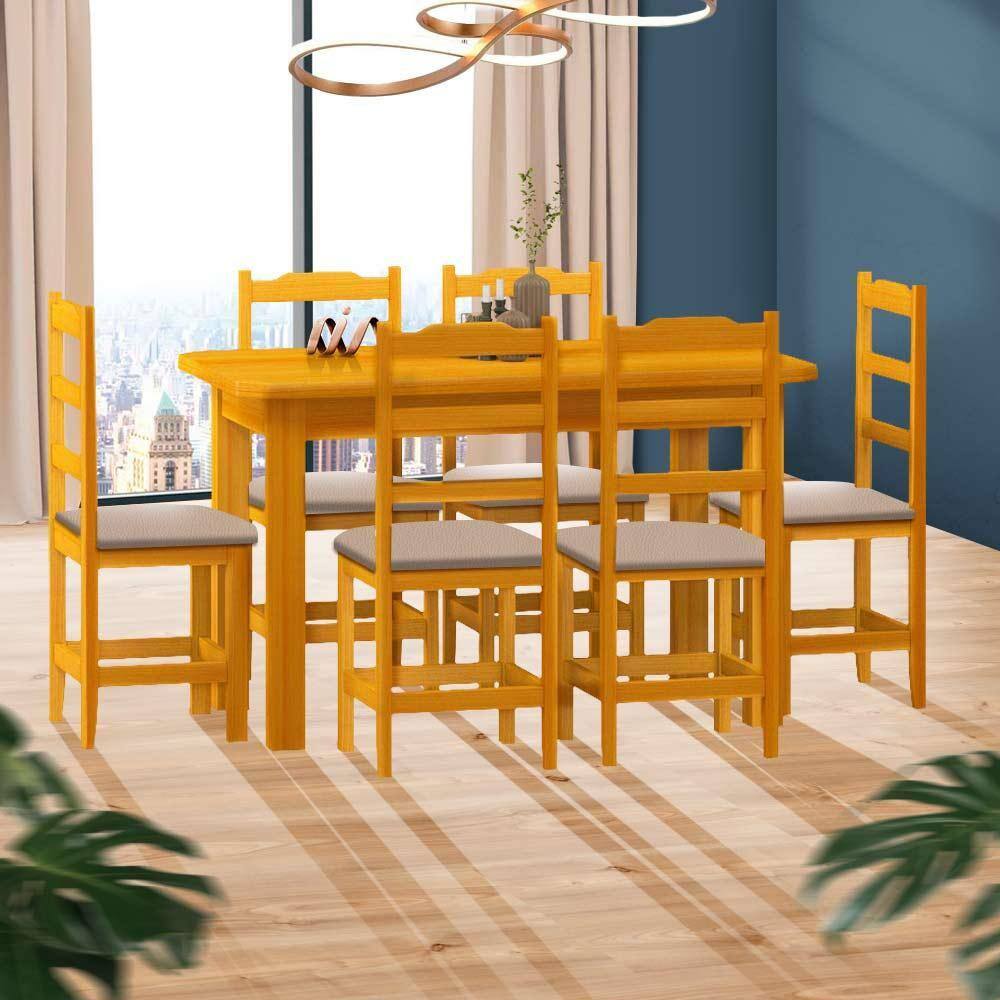 Conjunto De Mesa Madeira Maciça Com 6 Cadeiras União - Mel