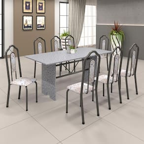 Conjunto de Mesa 071 180x75cm Tampo Granito com 8 Cadeiras Bianca Soma Móveis Botanic Bege / Mart Prata