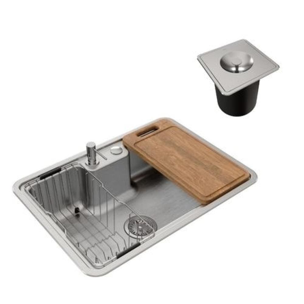 Cuba de Embutir/Sobrepor Massima 68x48cm Em Aço Inox Com Lixeira de Embutir 6L, Tábua de Madeira, Dosador de Sabão, Ces