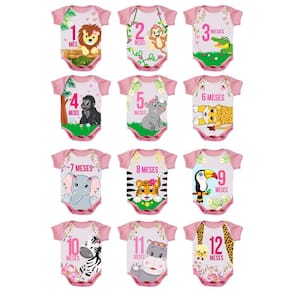 Body de Bebê Mesversario Safari Rosa Kit com 12 Bodies de 1 a 12 Meses P ao GG