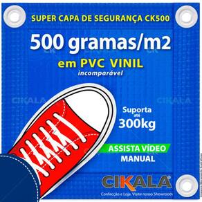 Capa de Segurança para Piscina 3.5x2 Metros CK500 Micras c/ Ilhós de PVC + Pinos em Alumínio + Buchas Brancas + Dreno + Corda