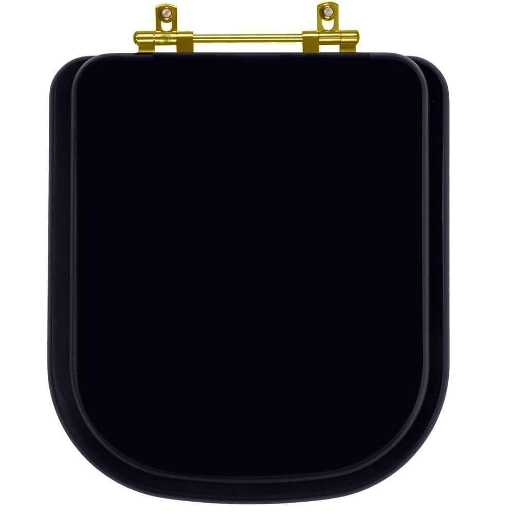 Assento Sanitário Poliester Quadra Preto Fosco Ferragem Dourada para Vaso Deca