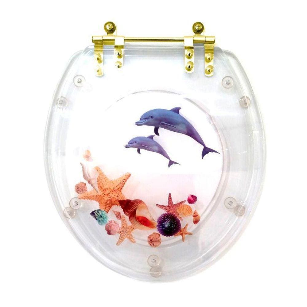 Tampa de Vaso Poliester Oval Cristal Golfinho Conchas Com Ferragem Dourada