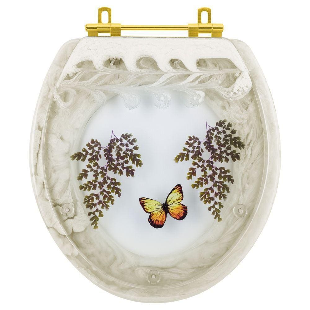 Assento Sanitário Poliéster Oval Bege Decorado Borboleta Amarela Com Ferragem Dourada