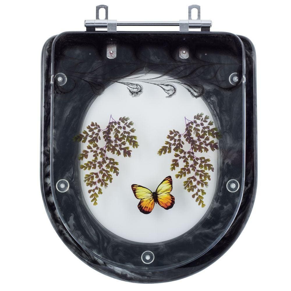 Assento Sanitario Poliester Decorado Borboleta Riviera Preto para Vaso Celite