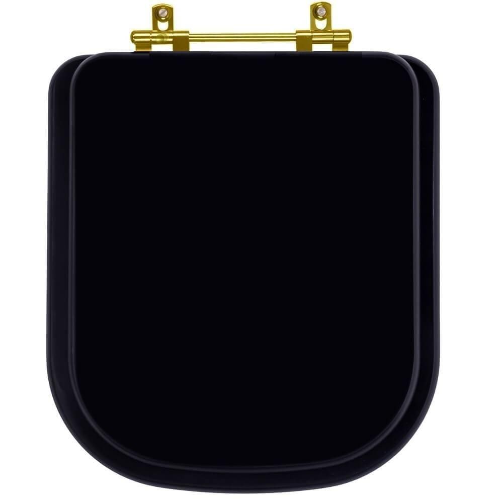 Assento Sanitario Poliester Quadra Preto Fosco Ferragem Dourada para Vaso Deca