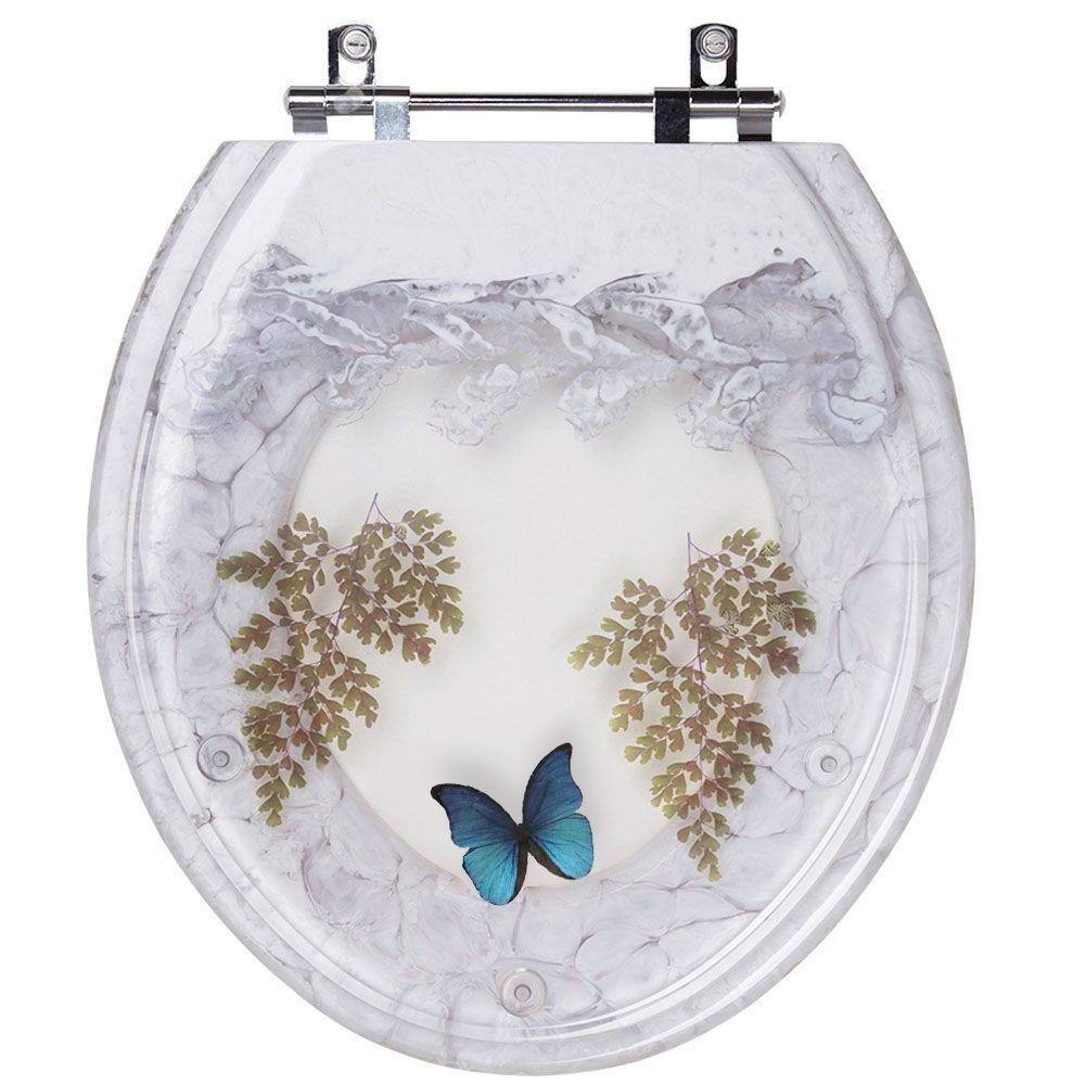 Assento Sanitário Poliester Decorado Convencional Branco Borboleta Azul