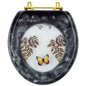 Tampa de Vaso Poliester Oval Preto Decorado Borboleta Amarela Com Ferragem Dourada