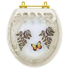Tampa de Vaso Poliester Oval Bege Decorado Borboleta Amarela Com Ferragem Dourada