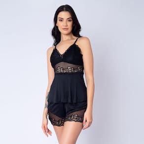 Baby Doll Curto De Poliamida Liso Com Detalhes Em Renda