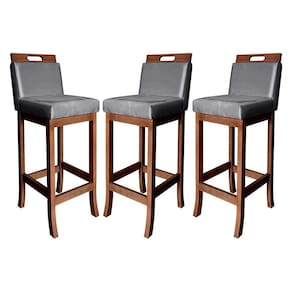 Kit 3 Banquetas Média Estofadas com Encosto Milão Madeira Castanho Suede Cinza CCS