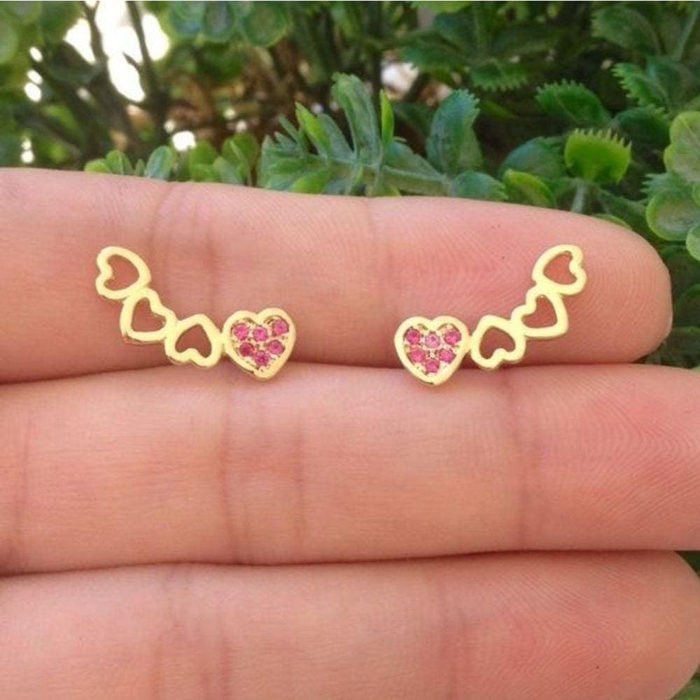 Brinco Corações Cravejado Banhado A Ouro