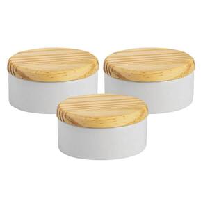 Kit 3 Porta Joia Porcelana Tampa Madeira Potinho Louça 8,5Cm