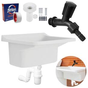 Tanque Plástico 34L Lavanderia Branco + Sifão Copo Universal