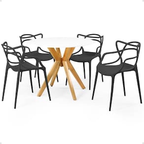 Conjunto Mesa de Jantar Redonda Marci Branca 100cm com 4 Cadeiras Allegra - Preto