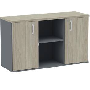 Armário Baixo Credenza PE25 Pandin 121,50 cm (largura) MDP Cor Nogueira CasaBlanca e Grafito Dois Nichos Duas Portas