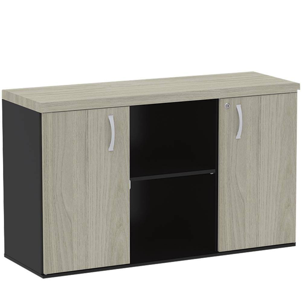 Armário Baixo Credenza PE40 Pandin 121,50 cm (largura) em MDP Cor Nogueira CasaBlanco e Preto Dois Nichos e Duas Portas