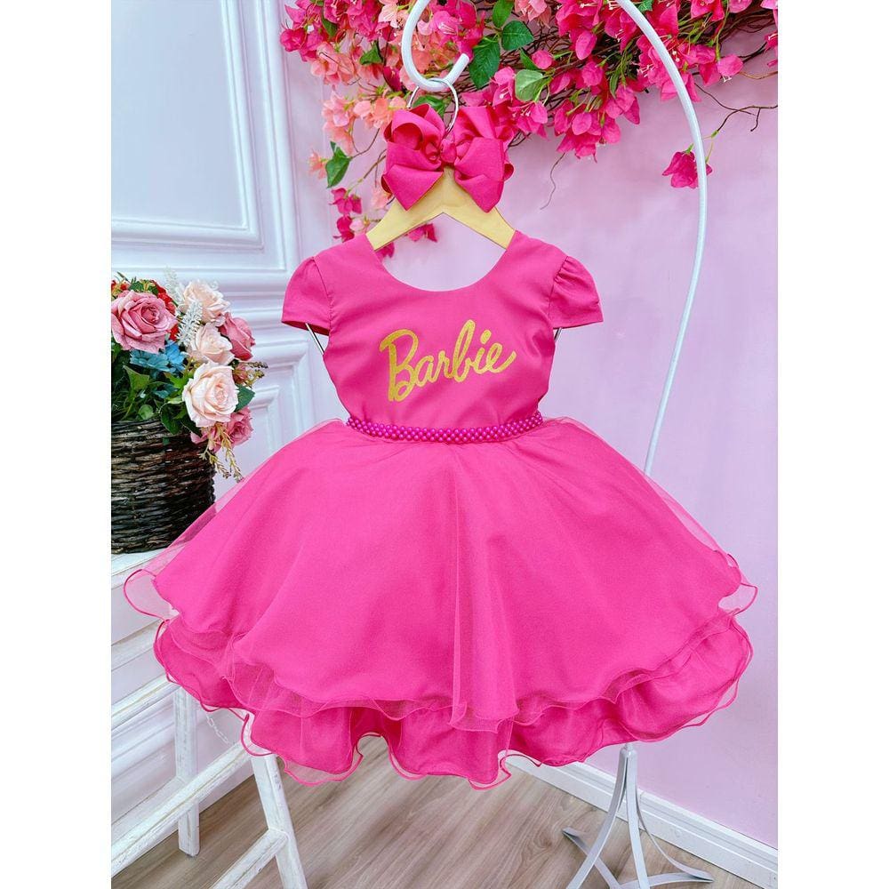 Vestido Infantil Barbie Rosa Pink Brilho Aniversário Temático