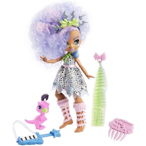 Mattel Cave Club Bashley Doll 10 polegadas, Lavanda Cabelo Poseable Boneca de Moda Pré-Histórica com Dinossauro Animal de Estimação e Acessórios, Pres