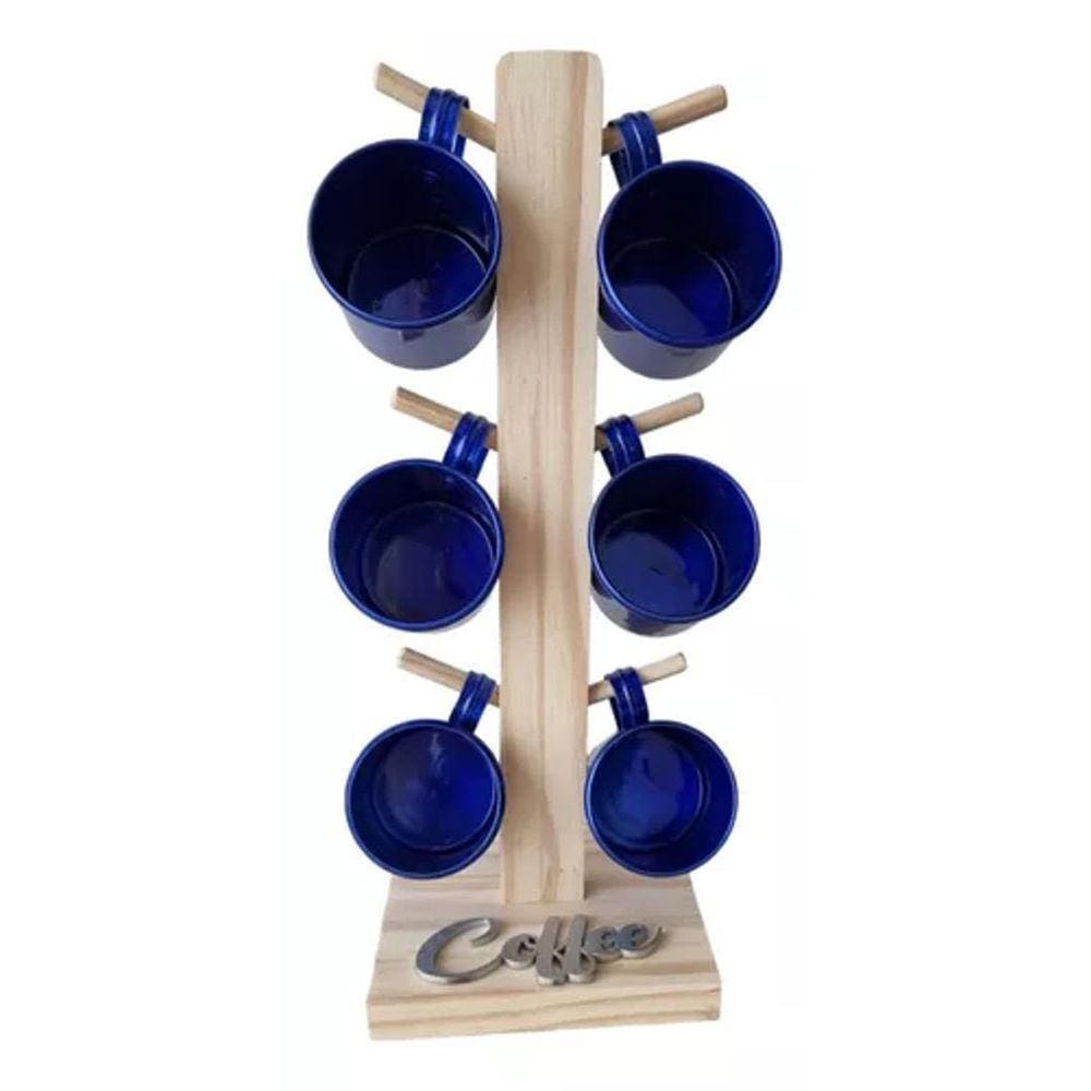Kit Jogo 6 Xícara Azul Café Suporte Madeira Mesa Cozinha