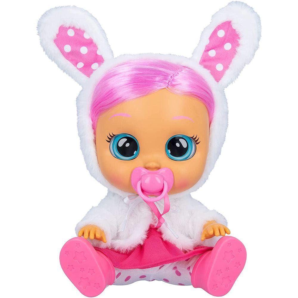 Boneca Bebê de 30 cm com Vestido Rosa e Jaqueta Fofa Branca Coelhinho