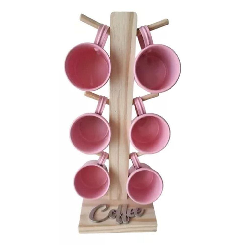 Kit Jogo 6 Xícara Rosa Café Suporte Madeira Mesa Cozinha