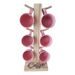 Kit Jogo 6 Xícara Rosa Café Suporte Madeira Mesa Cozinha