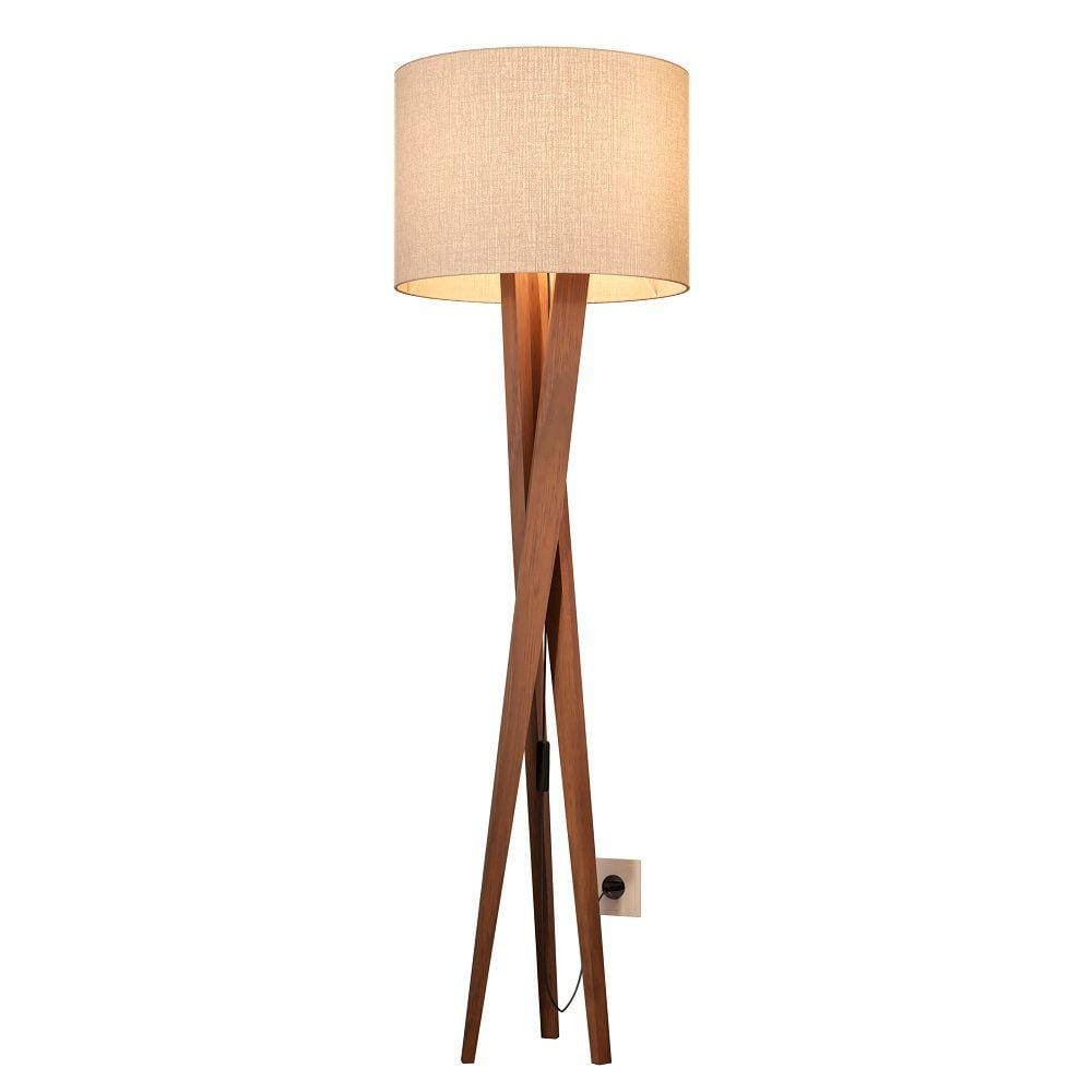 Abajur para quarto com pés de madeira cupula redonda bivolt 110/220 - cor palha