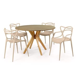 Conjunto Mesa de Jantar Redonda Marci Natural 120cm com 4 Cadeiras Allegra - Nude