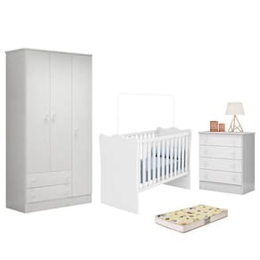 Dormitório Infantil Doce Sonho 3 Portas, Cômoda 4 Gavetas, Berço e Colchão - Qmovi