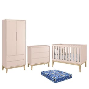 Dormitório Infantil Classic 2 Portas, Cômoda 3 Gavetas, Berço com Pés Madeira Natural e Colchão - Reller Móveis