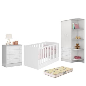 Dormitório Doce Sonho 2 Portas, Cômoda 4 Gavetas, Berço Mini Cama e Colchão - Qmovi