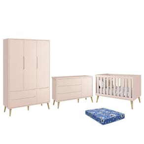 Dormitório Infantil Theo Retrô 3 Portas, Cômoda 1 Porta, Berço com Pés Madeira Natural e Colchão - Reller Móveis
