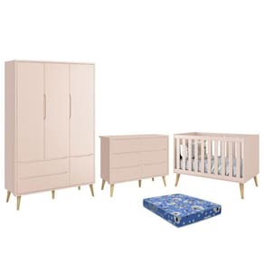 Dormitório Theo Retrô 3 Portas, Cômoda 6 Gavetas, Berço com Pés Madeira Natural e Colchão - Reller Móveis