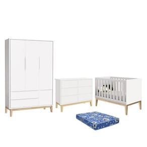 Dormitório Infantil Classic 3 Portas, Cômoda 6 Gavetas, Berço com Pés Madeira Natural e Colchão - Reller Móveis