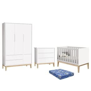 Dormitório Infantil Classic 3 Portas, Cômoda 3 Gavetas, Berço com Pés Madeira Natural e Colchão - Reller Móveis