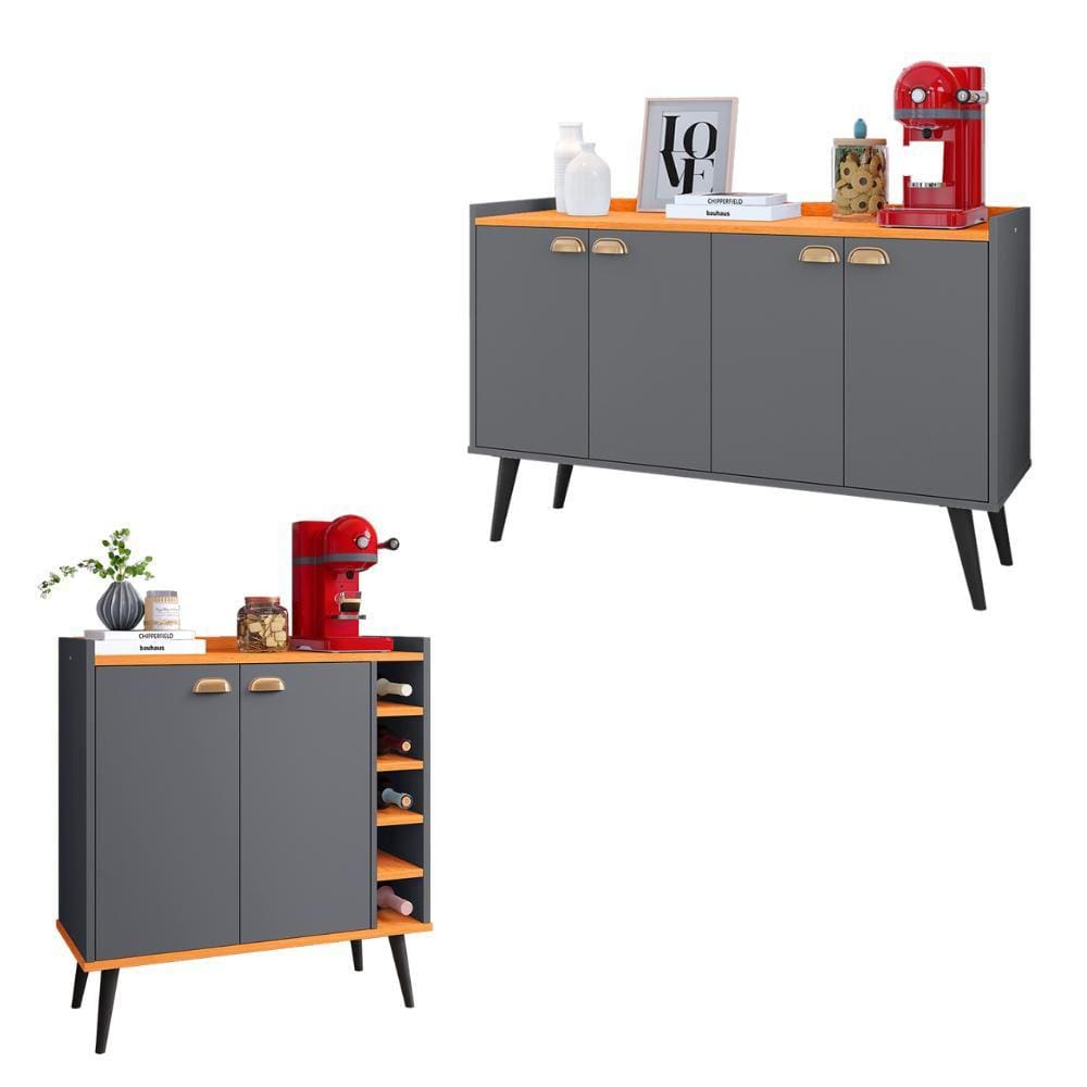 Kit Aparador Canto Sala Adega Bar Vinho Bebidas Madero e Buffet Retrô Cantinho Café Bancada 4 Portas Multiuso Kiev Cozinha Escritório - RPM