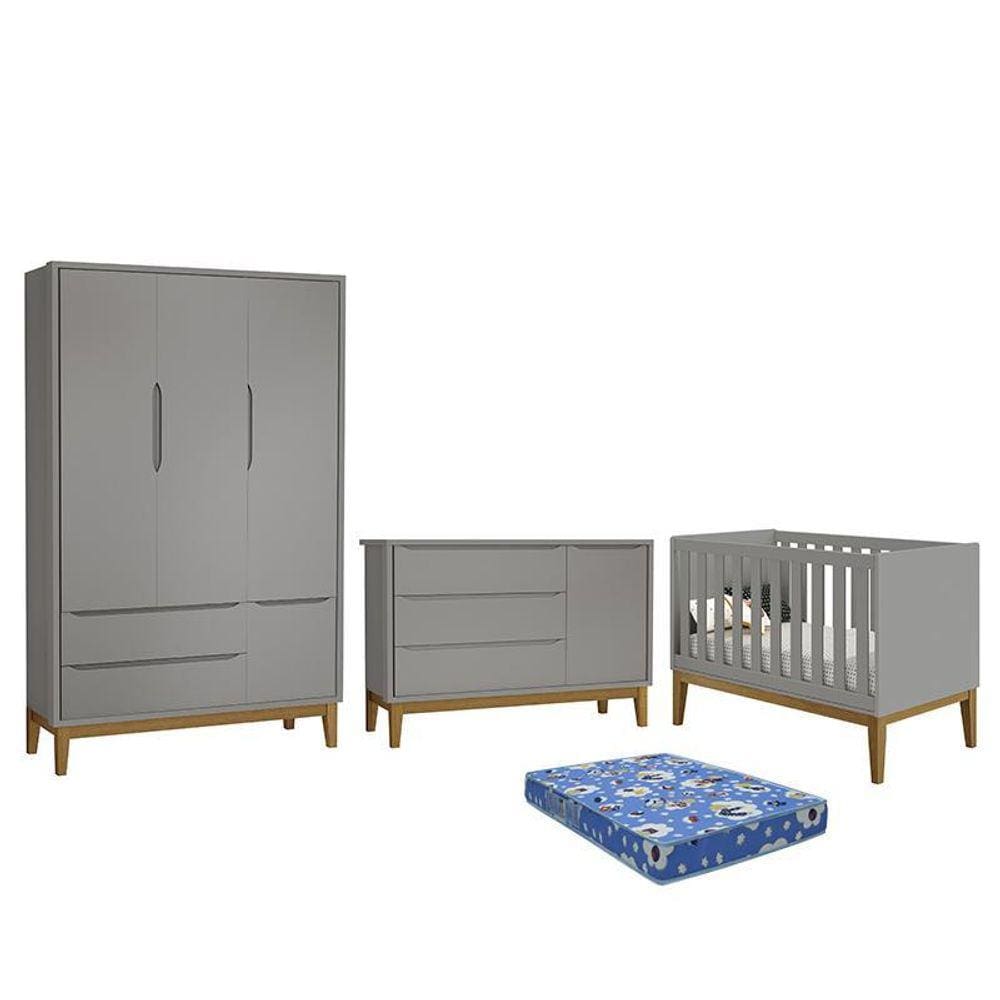 Dormitório Infantil Classic 3 Portas, Cômoda 1 Porta, Berço com Pés Amadeirado e Colchão - Reller Móveis