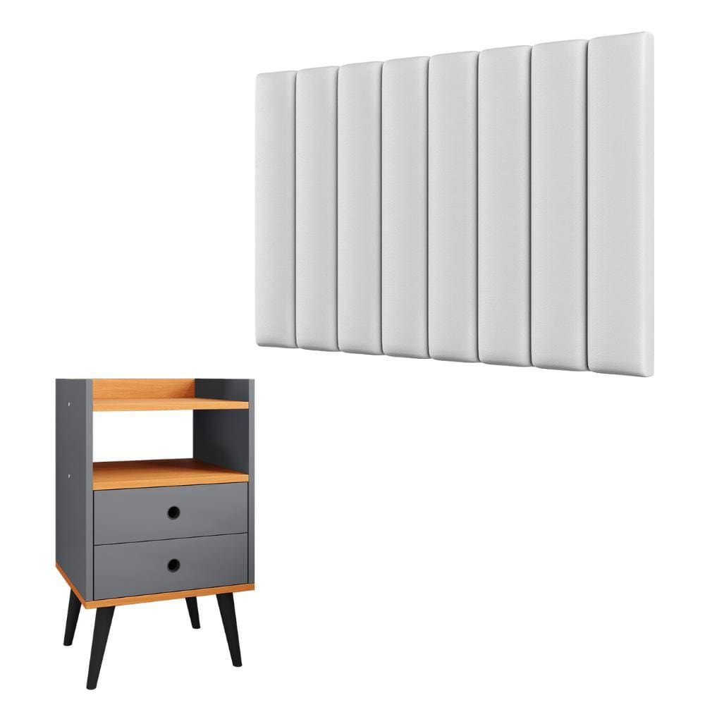 Kit Cabeceira Estofada Cama Box Solteiro 90 cm Sophia Branco e Mesinha Canto Quarto 2 Gavetas Retrô Nicho Decorativo Dream Cinza/Cinamomo- RPM
