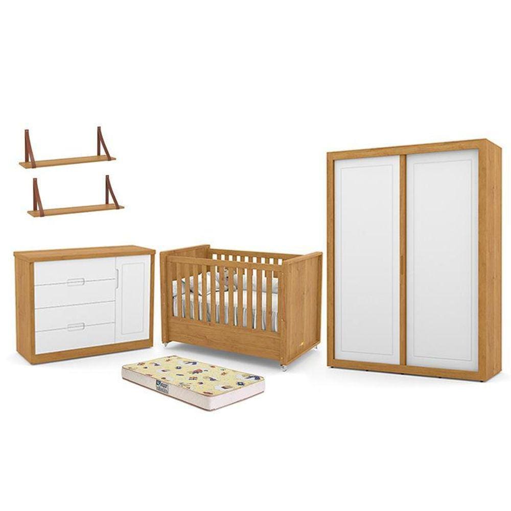 Dormitório Tutto New 2 Portas, Cômoda 1 Porta, Berço com Colchão D18 e Prateleiras - Matic Móveis
