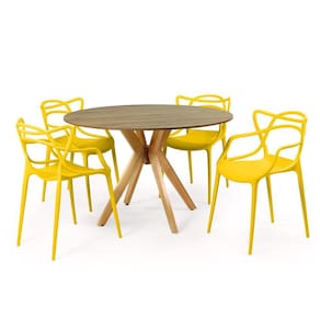 Conjunto Mesa de Jantar Redonda Marci Natural 120cm com 4 Cadeiras Allegra - Amarelo