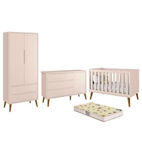 Dormitório Infantil Theo Retrô 2 Portas, Cômoda 1 Porta, Berço com Pés Amadeirado e Colchão D18 - Reller Móveis