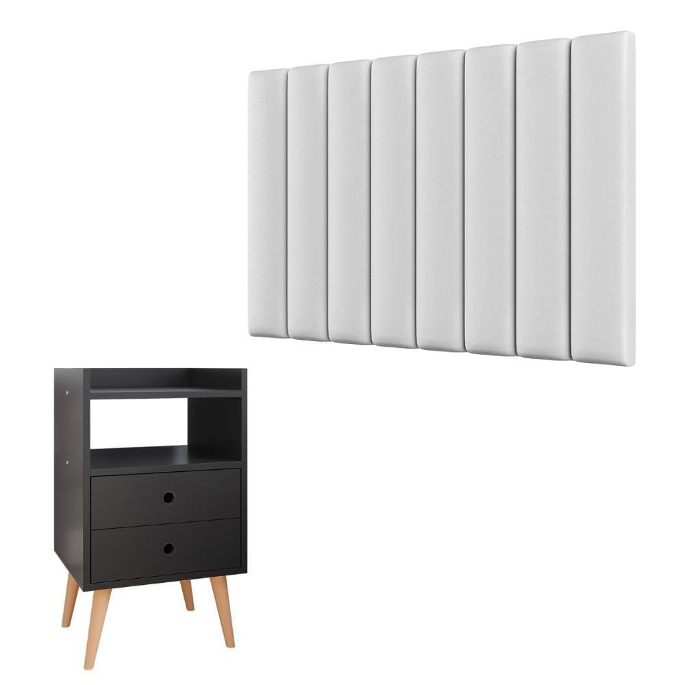 Kit Cabeceira Estofada Cama Box Solteiro 90 cm Sophia Branco e Mesinha Canto Quarto 2 Gavetas Retrô Nicho Decorativo Dream Preto- RPM