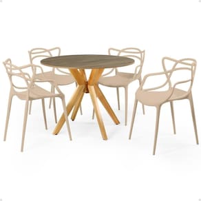 Conjunto Mesa de Jantar Redonda Marci Natural 100cm com 4 Cadeiras Allegra - Nude