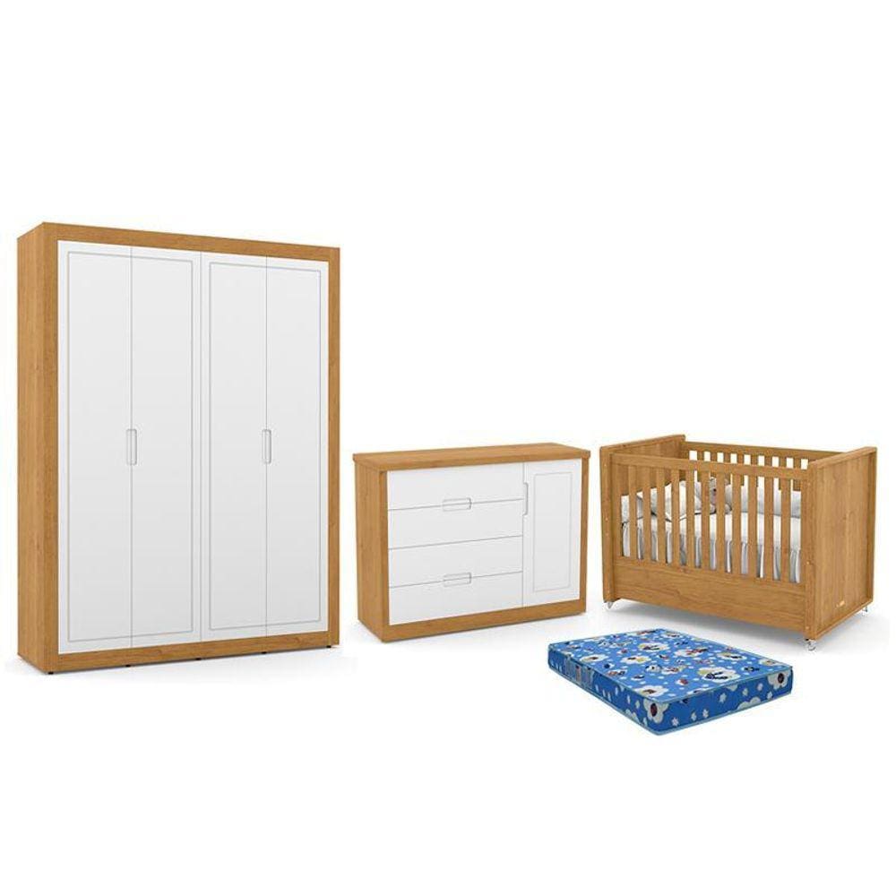 Dormitório Tutto New 4 Portas, Cômoda 1 Porta, Berço com Colchão - Matic Móveis