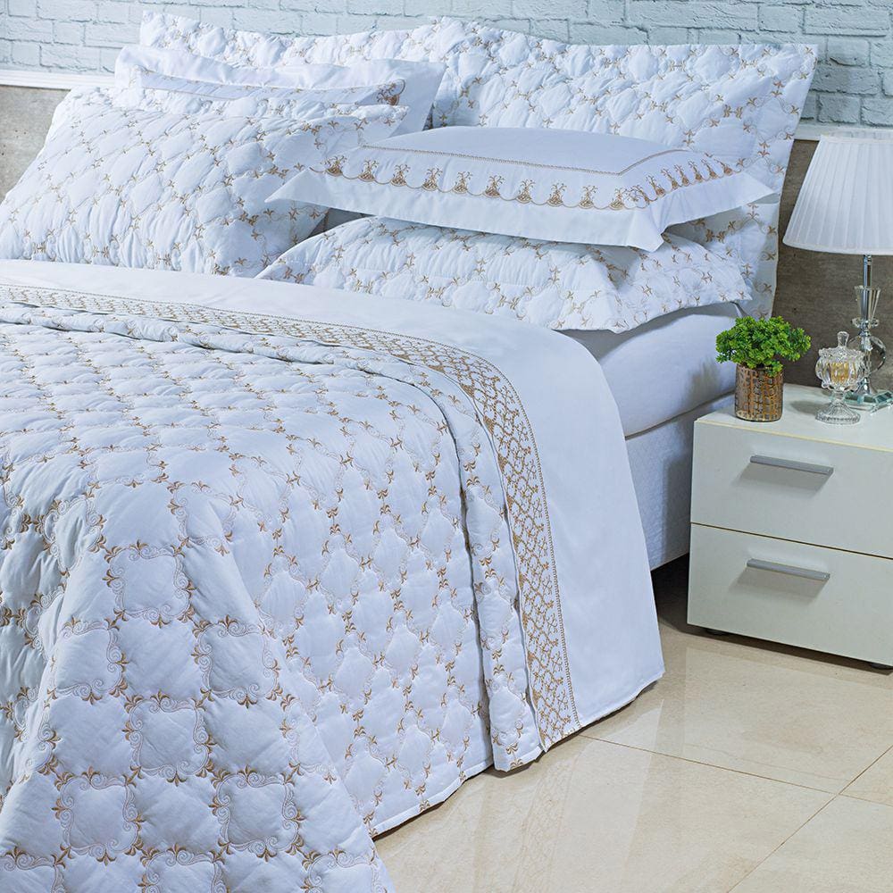 Kit Cobre Leito Colcha Garland Queen 100% Algodão 400 Fios Acetinado Bordado 5 Peças - Branco