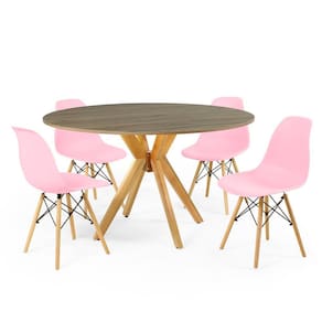 Conjunto Mesa de Jantar Redonda Marci Natural 120cm com 4 Cadeiras Eames Eiffel - Rosa